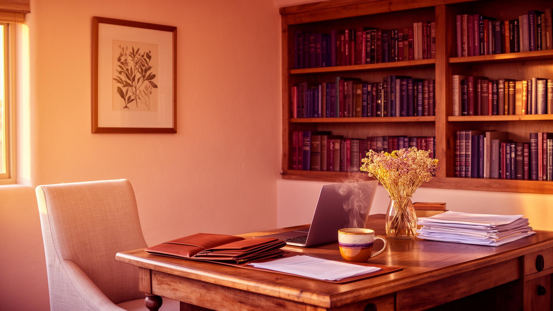 A warm, cozy home office with a wood desk, leather portfolio, ceramic mug, and a bookshelf of legal books in golden afternoon light