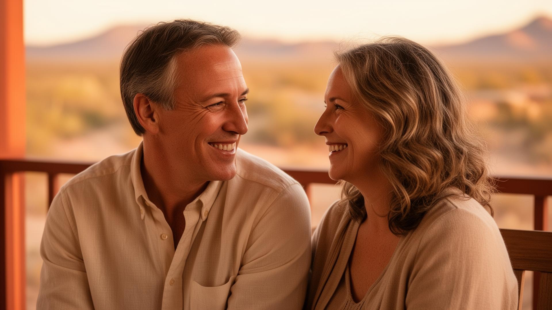 A happy couple sitting close together on a porch at golden hour, smiling at each other