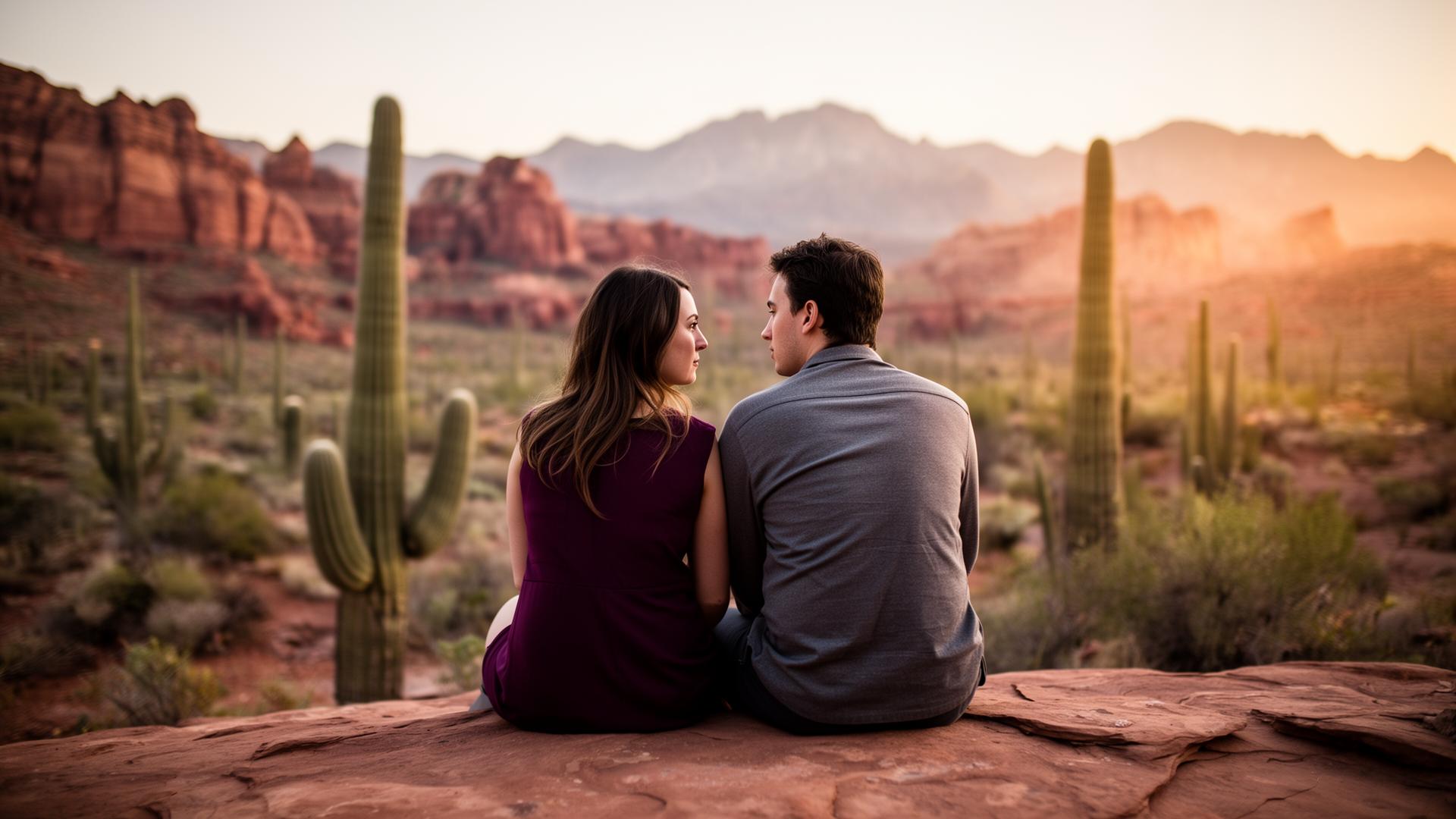 A couple sitting together on warm sandstone in the Arizona desert at golden hour, no faces visible