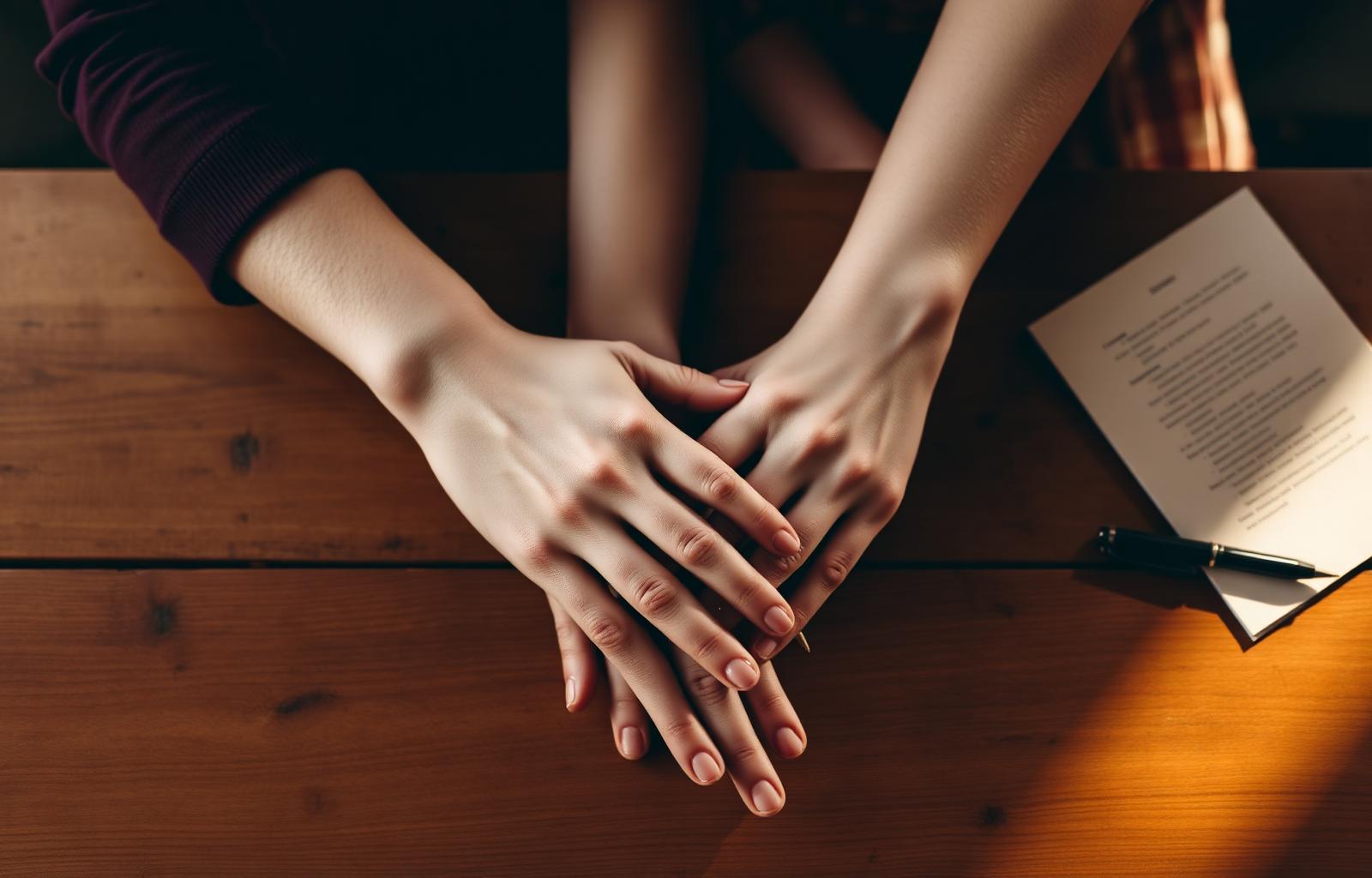 Two pairs of intertwined hands resting on a warm wooden table in golden afternoon light