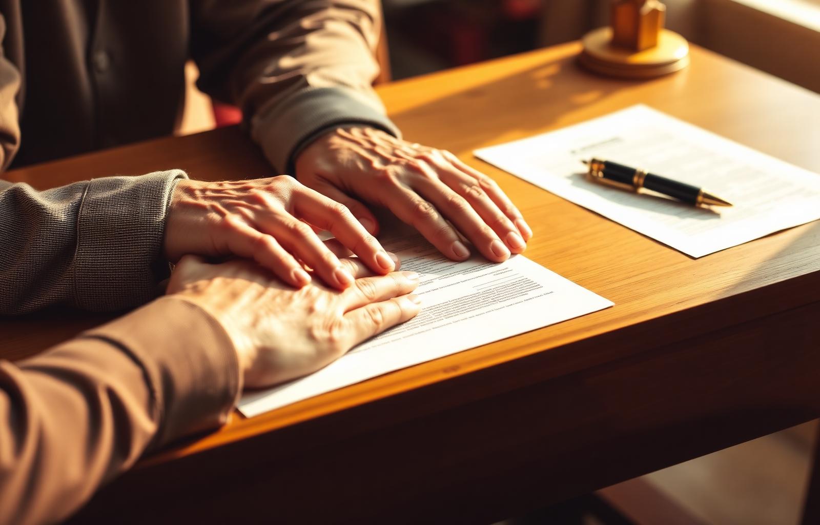 Older and younger hands resting on a document on a warm wooden desk in golden afternoon light