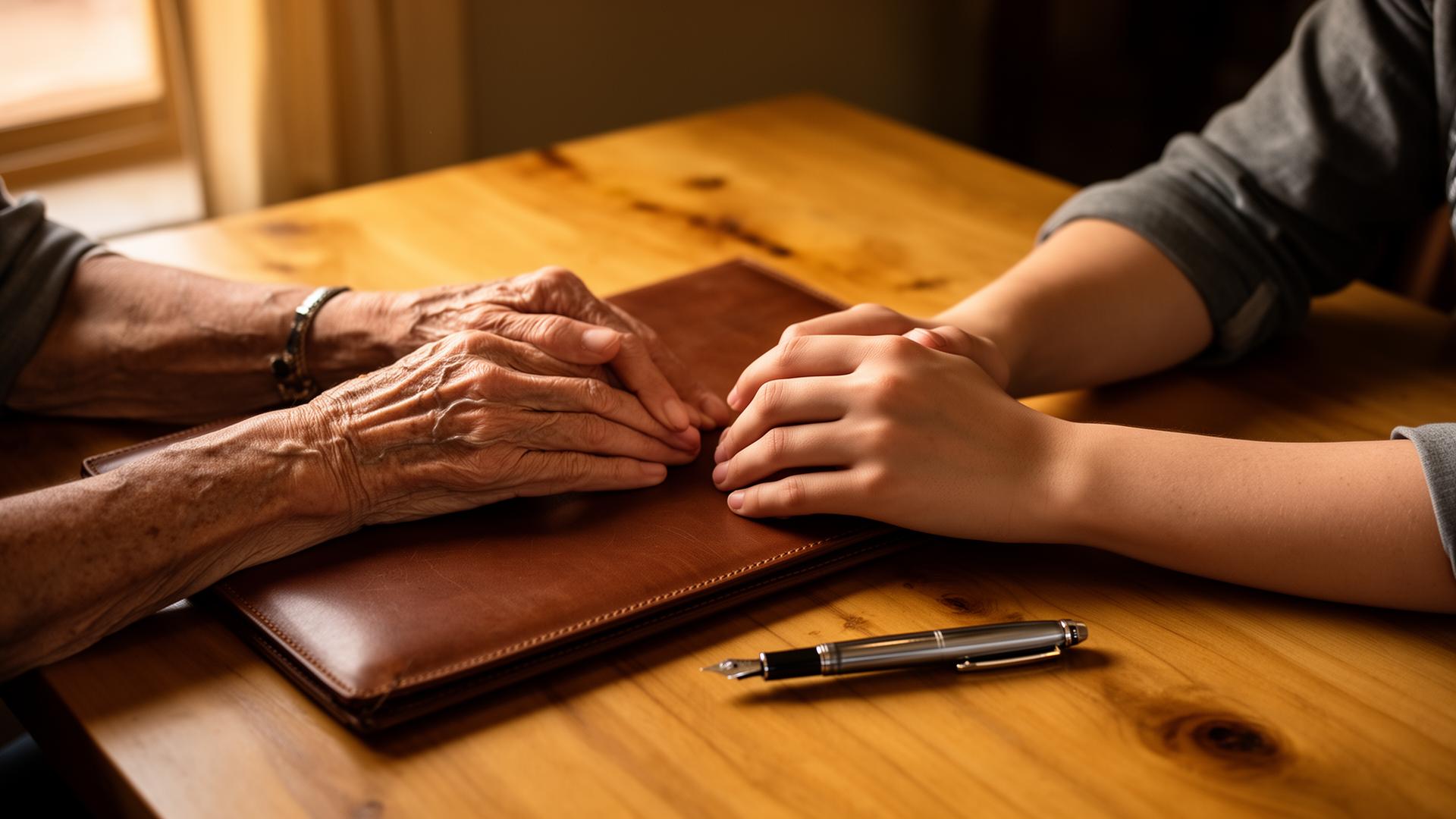 Two pairs of hands across a warm wooden table — one older, one younger — in a quiet consultative moment
