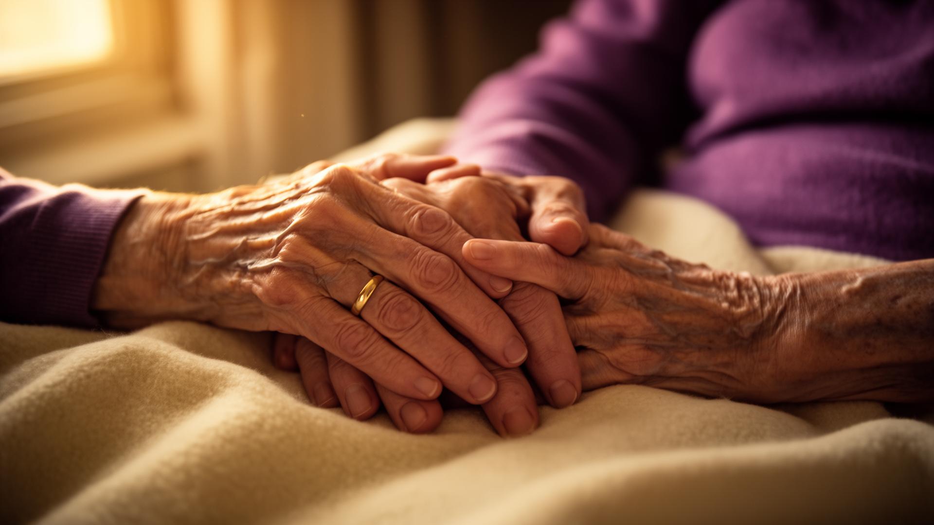 An adult child gently holding the hand of an elderly parent in soft warm afternoon light