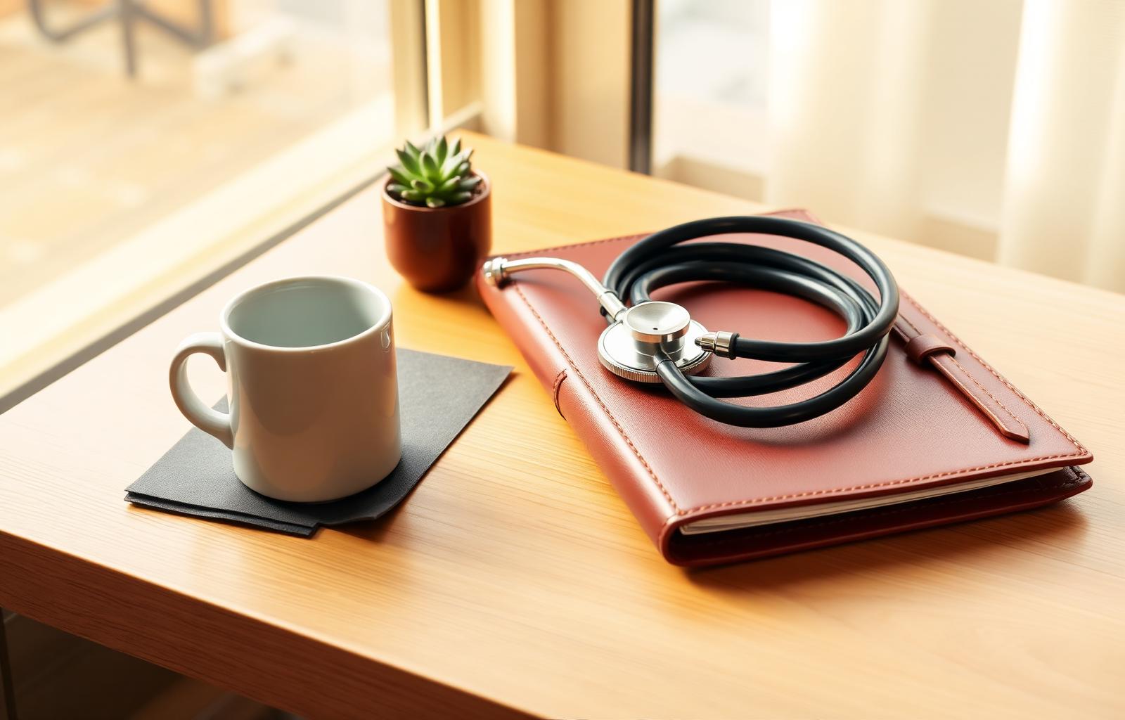 Stethoscope coiled on a leather portfolio next to a coffee mug on a warm wooden desk in golden window light