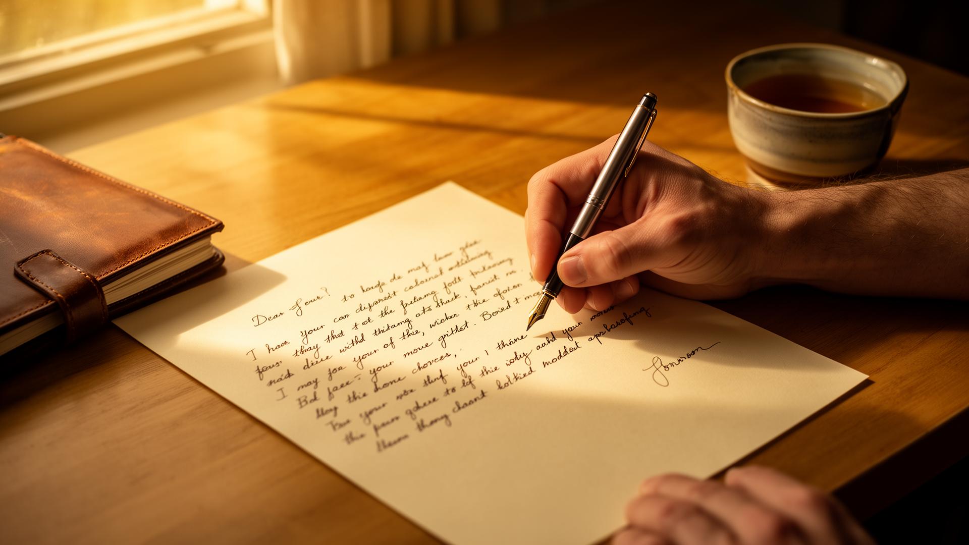 A person writing a thoughtful handwritten letter with a fountain pen on cream paper in warm afternoon light