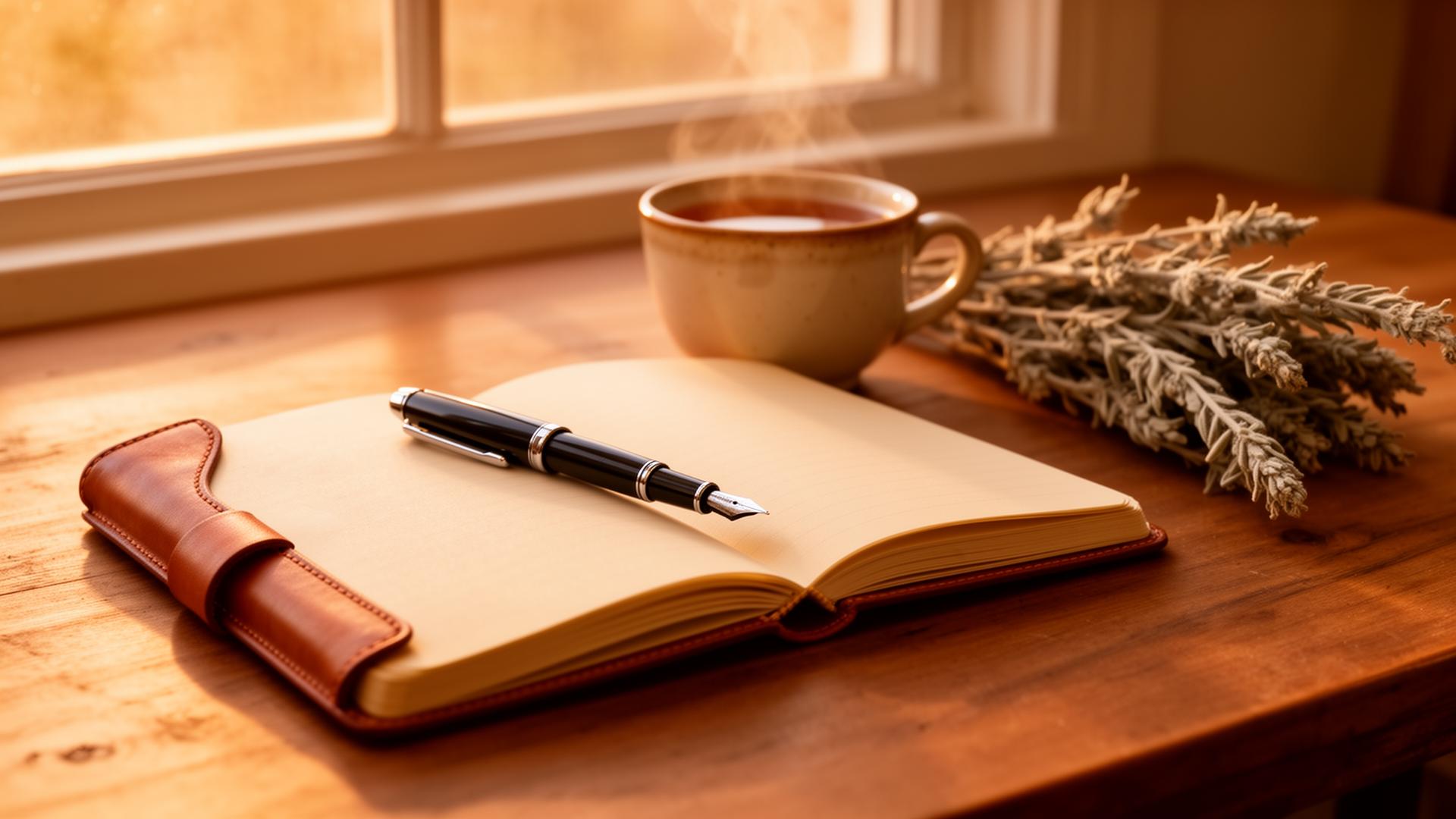 Open leather journal, fountain pen, ceramic teacup, and dried desert sage in warm golden hour light by a sunlit window