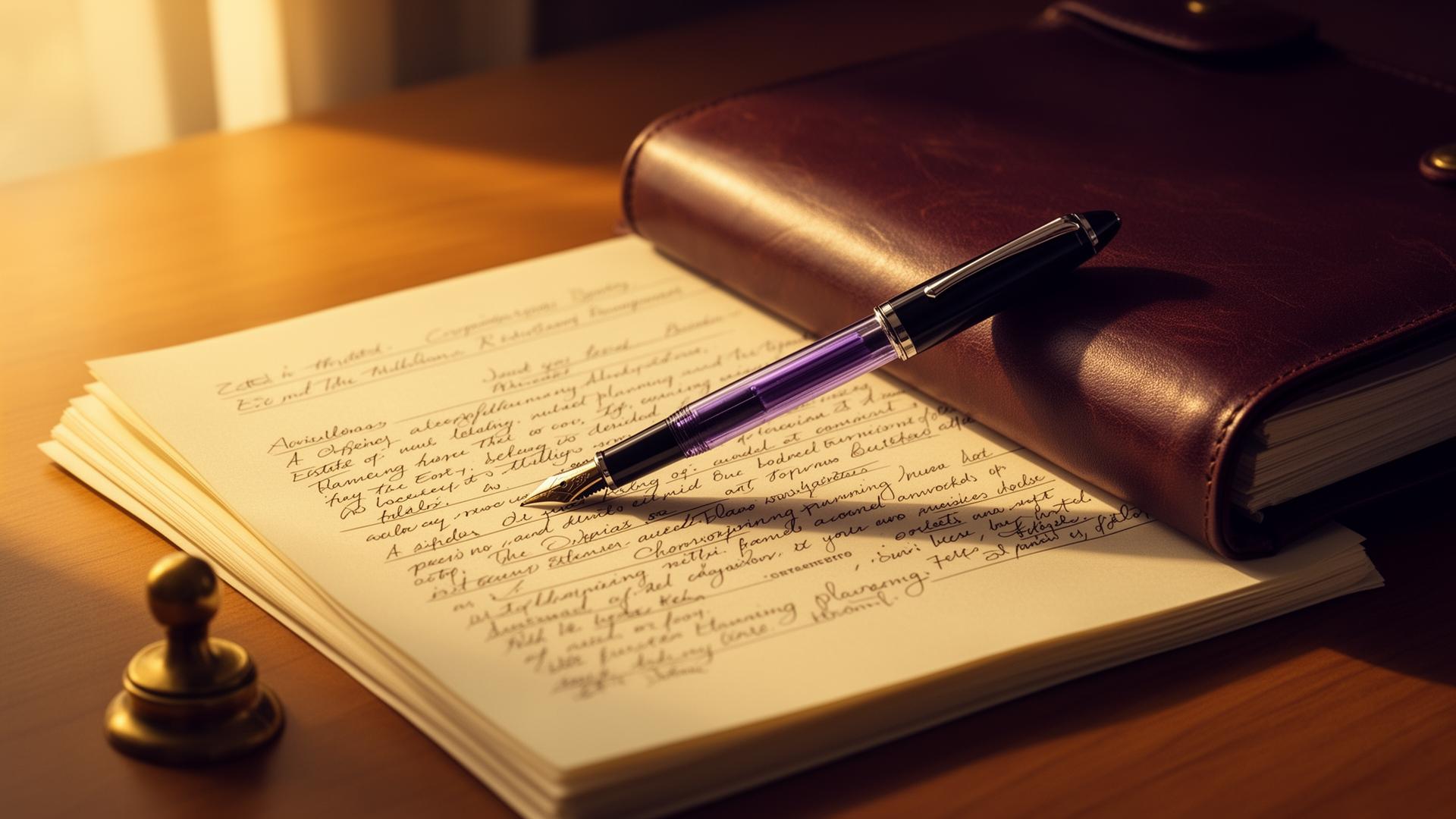 A fountain pen resting on cream estate planning documents and a leather portfolio in warm afternoon light